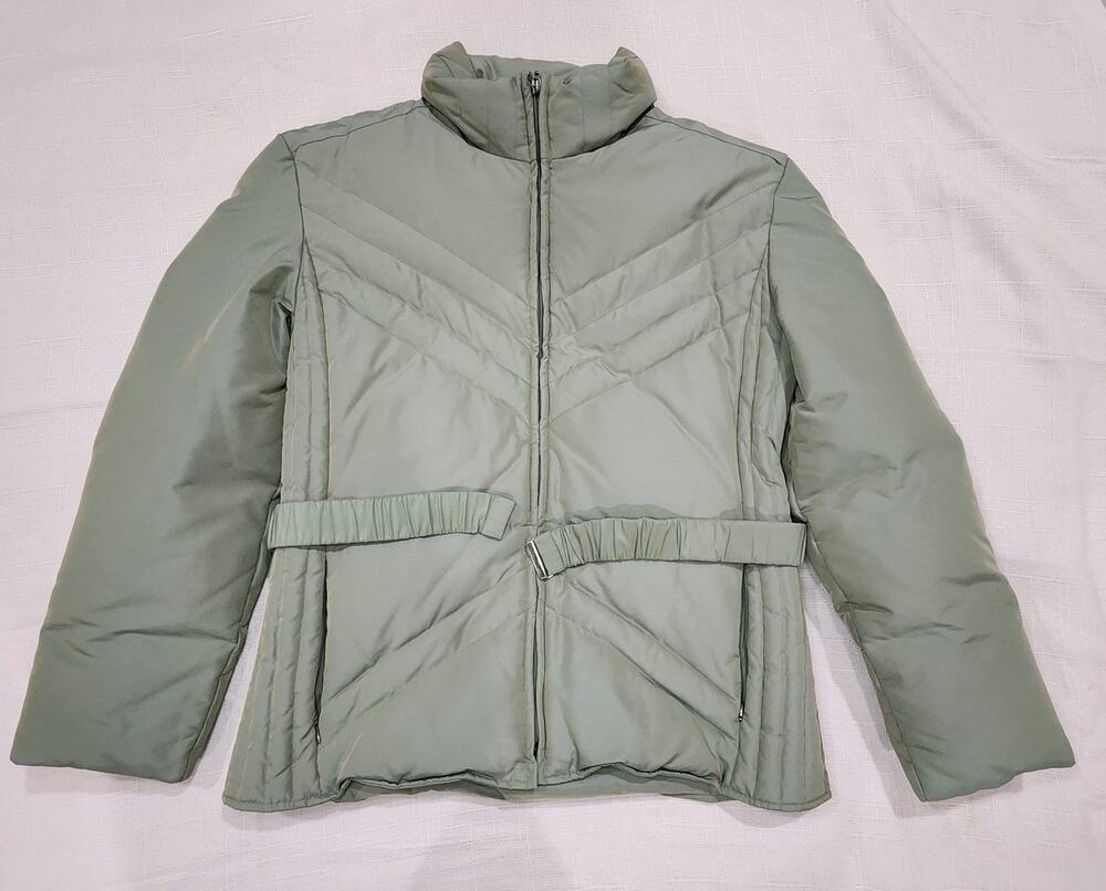 Larry Levine Down Puffer Jacket Womens L Sage Green Belted Quilted Winter Coat